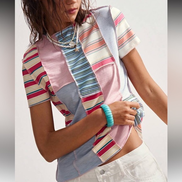 Boho Patchwork Multi Striped Drop Shoulder Fitted Stretch Jean Plus 2X New Top - Picture 4 of 13